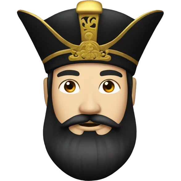 The Chinese emperor,with black hair and black beard,wore a high black golden hat emoji