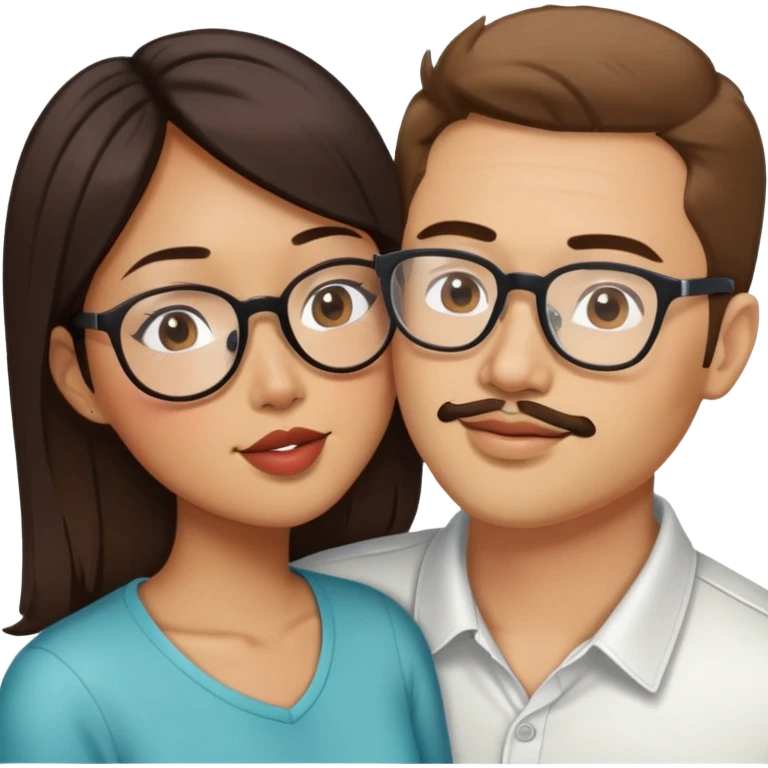 Asian American woman kissing a white guy with brown hair and the white guy has face stubble and glasses emoji