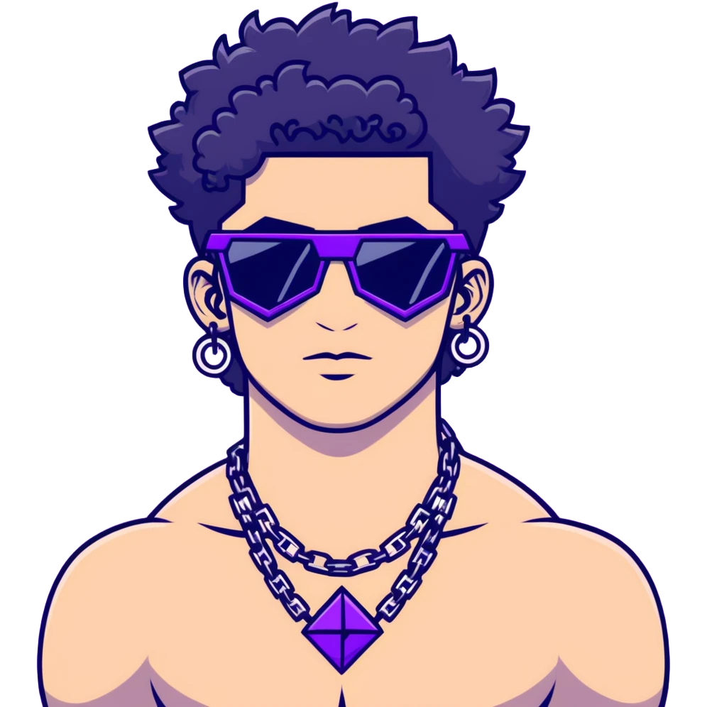 shirtless male athlete with white skin and moderately curly black hair on top with shaved sides, wearing sharp angular geometric purple sunglasses with very dark heavily tinted black lenses, and a simple plain black chain necklace, no earrings emoji