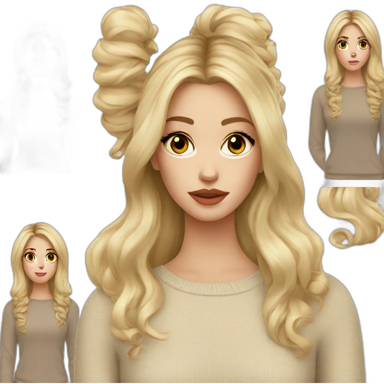 White women, long blonde balayage hair, dead eyes, beige sweater emoji