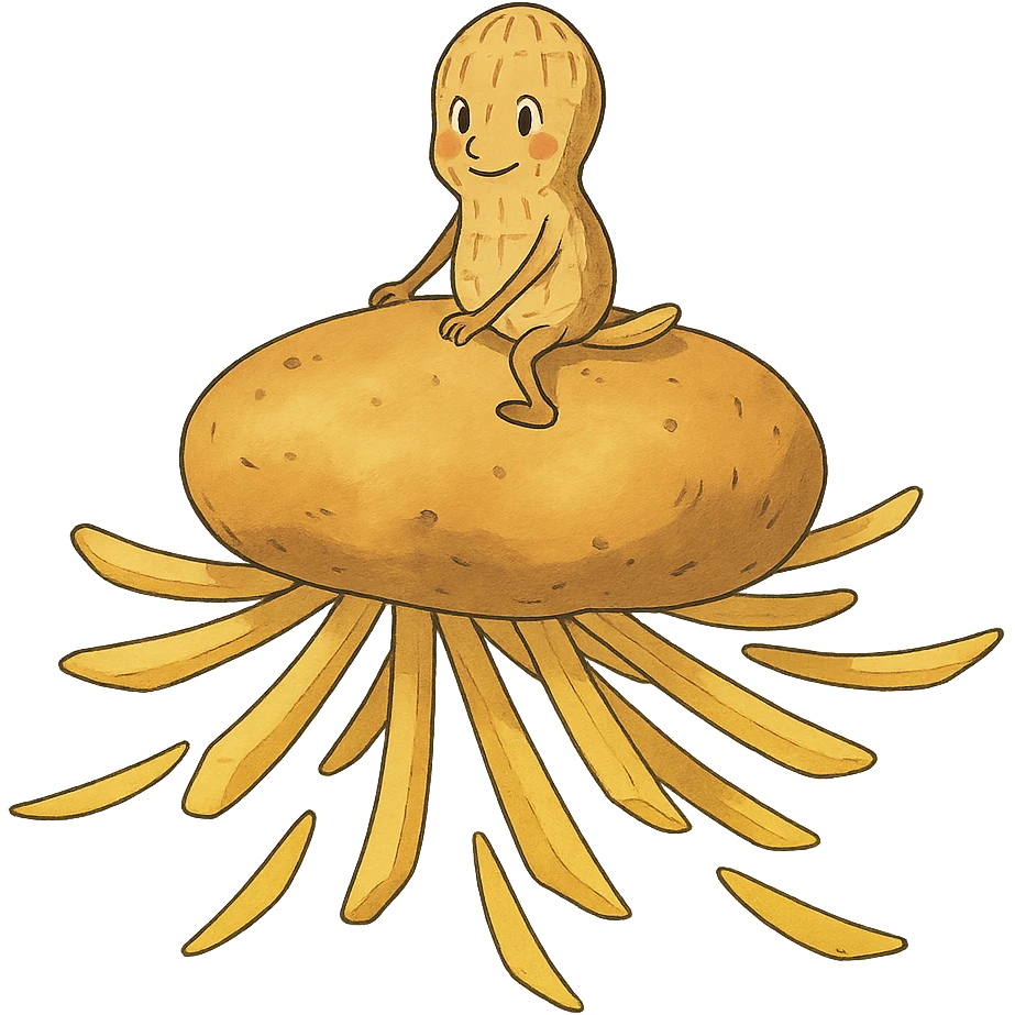 ghibli style peanut flying on a potato with fries emoji