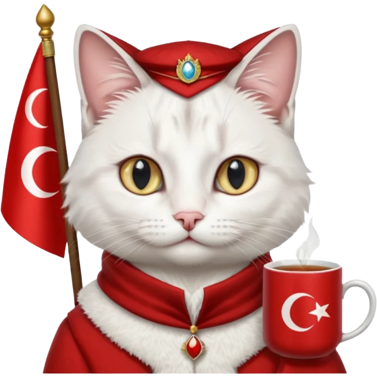 Arkasında Türk bayrağı olan  ve çay içen kafasına fes takan bir van kedisi emoji