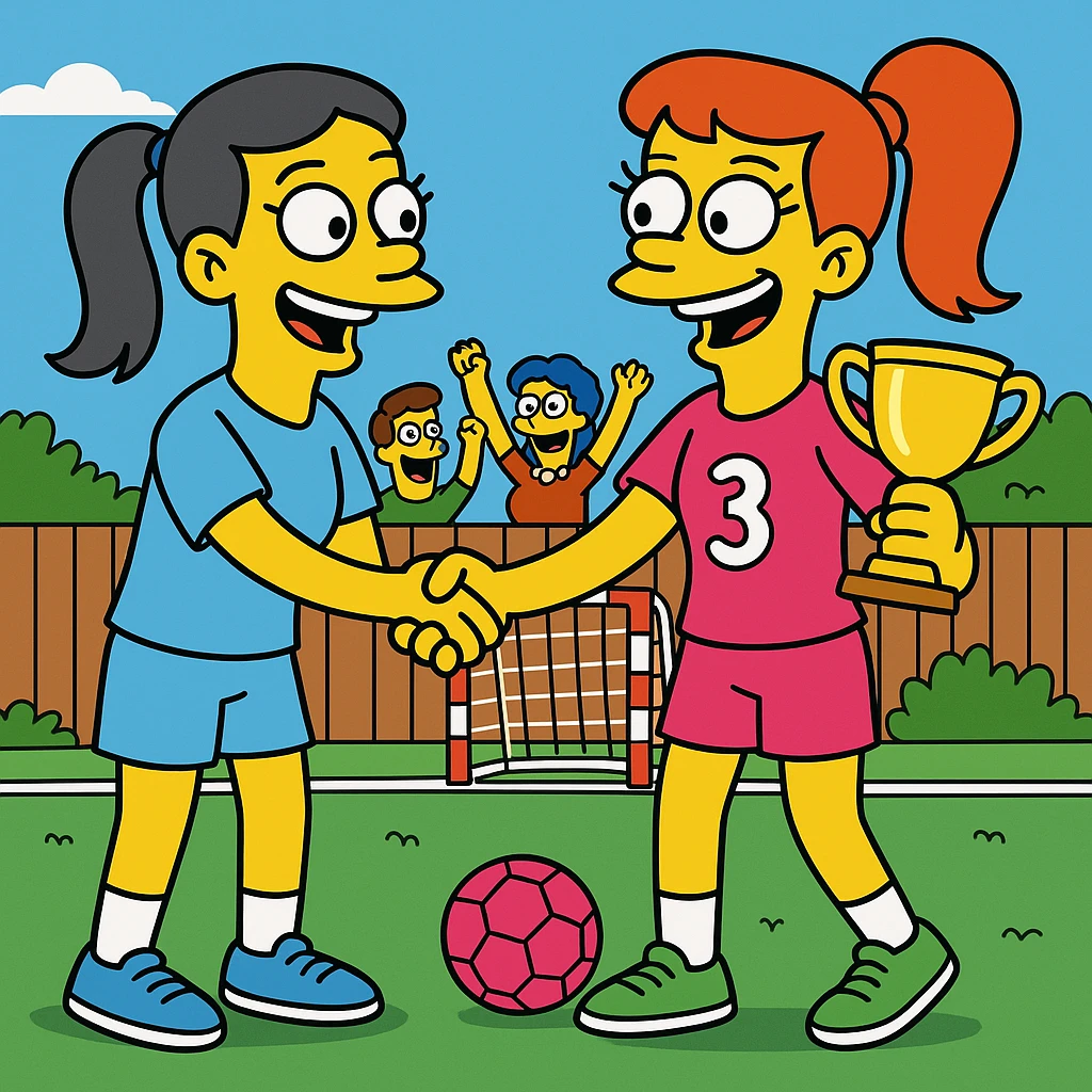  2 female handball standing on field. Congratulating each other shaking hands and smiling, one of them is holding a cup for winning. At the background the spectators cheering emoji