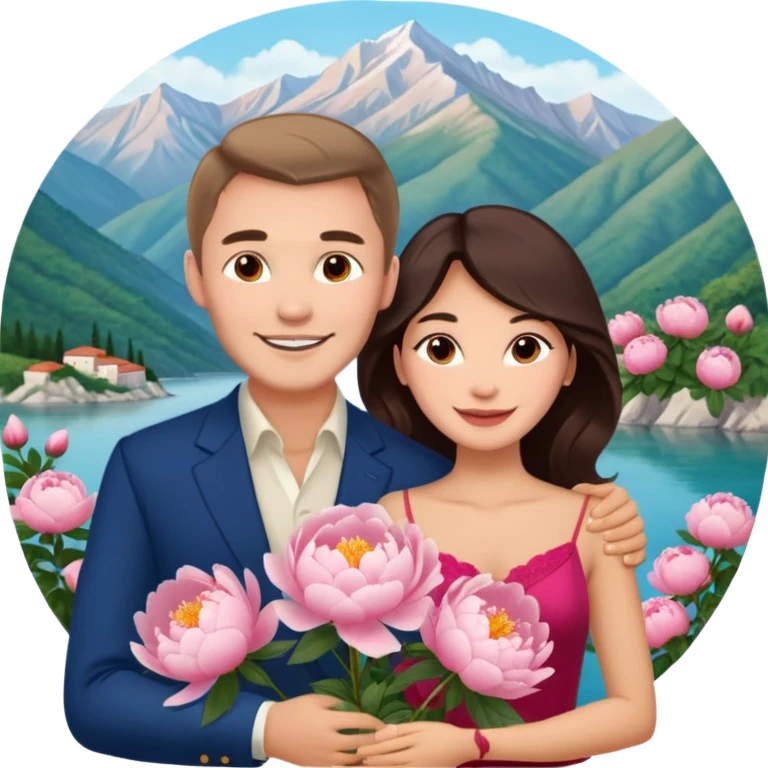 Couple traveling in Montenegro russian man and elegant  Latina girl delicate peonies and mountains in the background  emoji