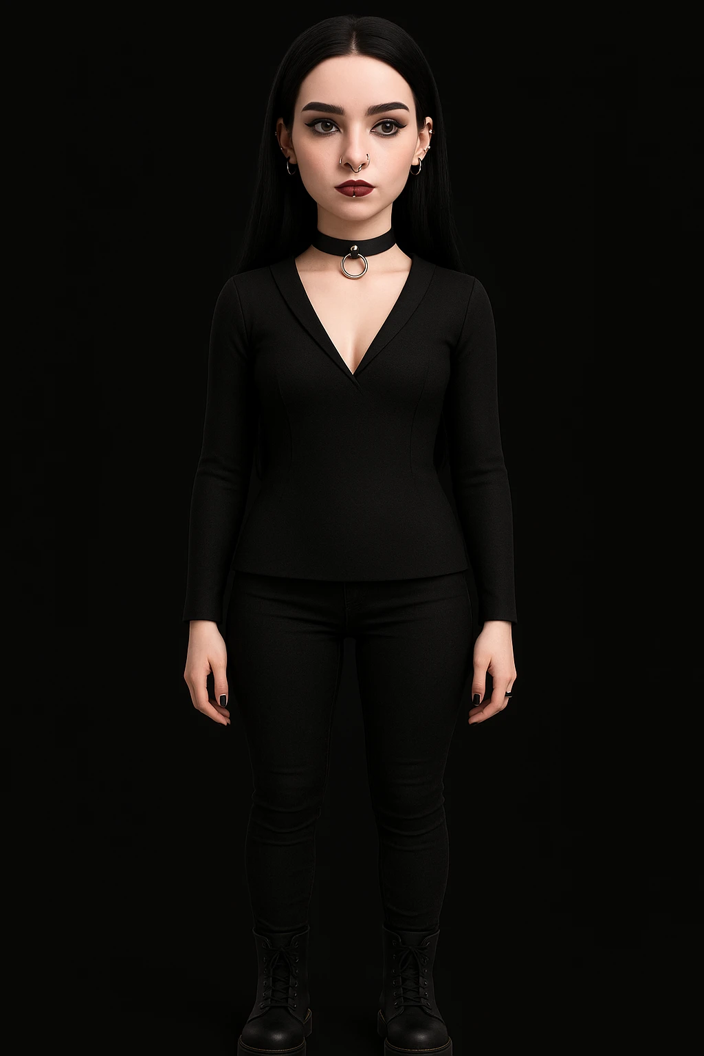 Make the woman more attractive with facial piercings, remove her fringe, dress her in gothic clothing, keep her pale skin and long straight black hair, standing still, with no background. emoji