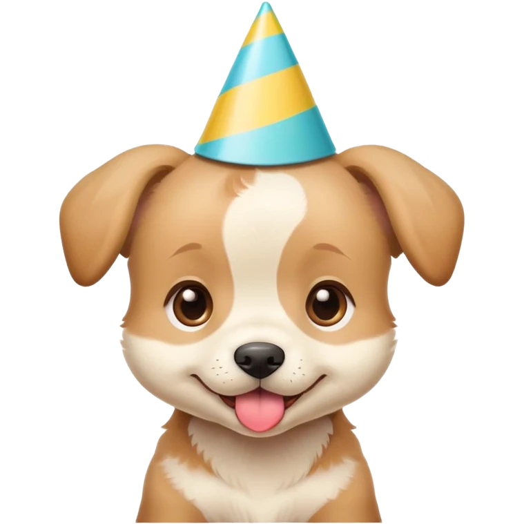 Cute puppy with a silly expression wearing a tiny party hat emoji