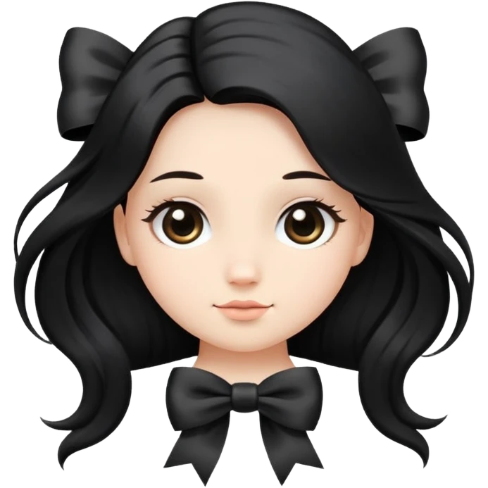 cute round face with long black silk hair and a bow on the side emoji
