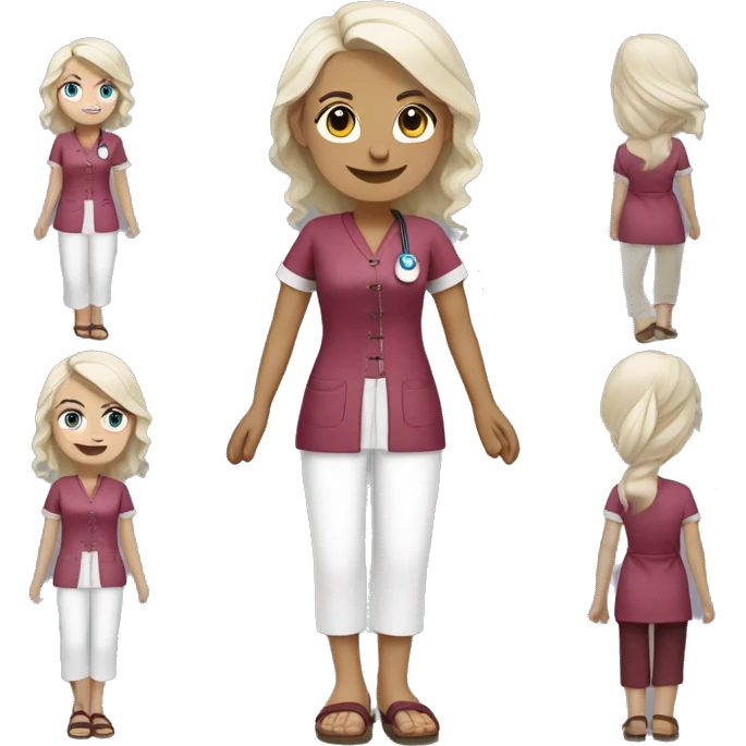 Nurse with tied platinum blonde hair, blue eyes, burgundy coloured tunic, white pants, pink closed Birkenstocks emoji