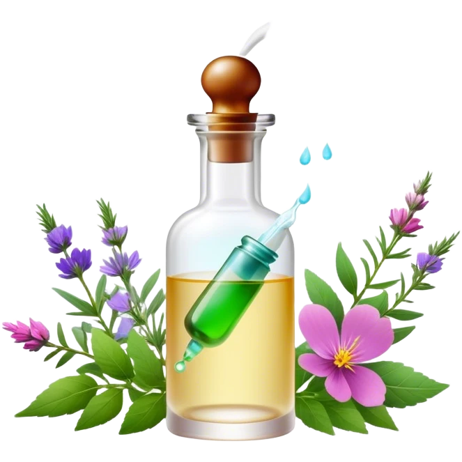 Perfume making icon, delicate glass bottle being filled with colorful essential oils from droppers, swirling mist rising from the bottle, flowers and herbs nearby, minimalistic style, clean lines, transparent background. emoji