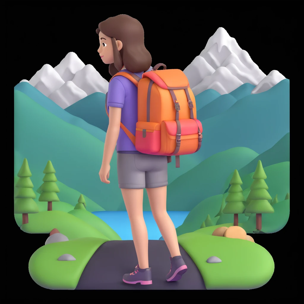 portrait of girl back packing mountains in background, close up pose emoji