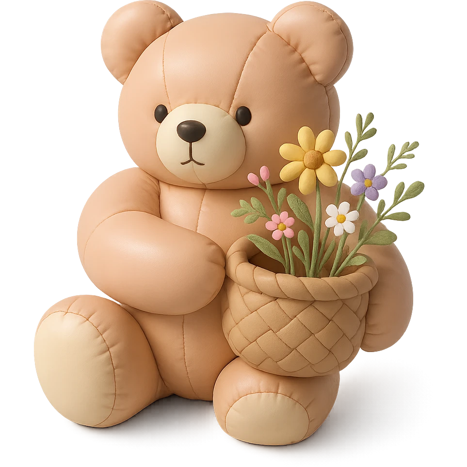 bear carrying a basket of wildflowers, soft pastel brown and cream, cushion style emoji