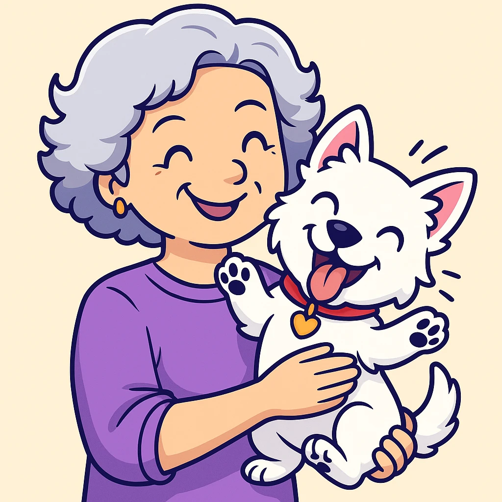 Make the Westie dog playful, with a fun pose or playful expression, keep the 50-year-old lady with silver curly hair smiling (originally sticker style) emoji