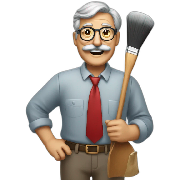 smiling old painter wearing a big grayl horeshoe mustache and glasse. he has a paintbrush in his hand. he wears red shirt and tie emoji