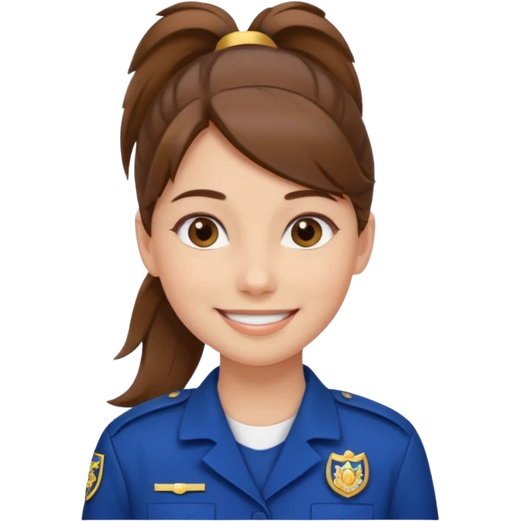 Young Female: ponytail brown haiir, wearing uniform, white skin, smile emoji