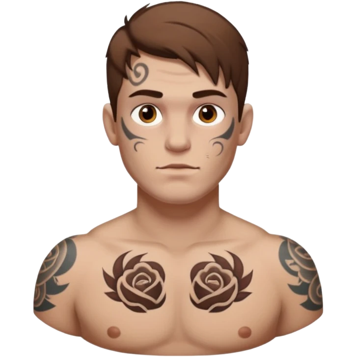 tattoo man, fair white skintone,brown hair, tattoos on face, more visible, bulky man with tattos on his chest. emoji