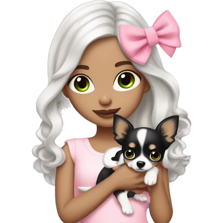 pale brunette ￼girl with short platinum Latina  wavy hair with bright green eyes and wearing a light pink hair bow holding a black and white long haired chihuahua puppy also wearing a hair bow emoji