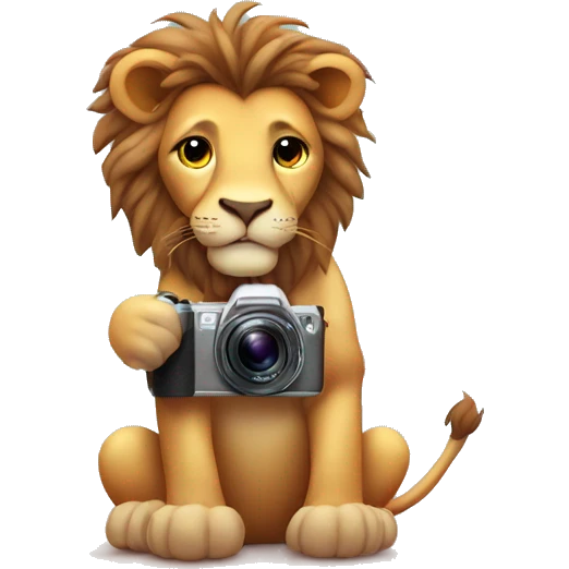 lion with cute hearts around takes pictures with digital camera emoji