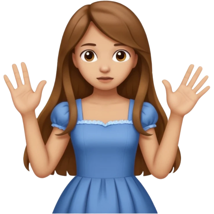 fake costumer loyalty, girl that doesn't care, she is like whatever, brown long hair, cute dress and her hand showing like i dont care whatever, make her look little bit bored emoji