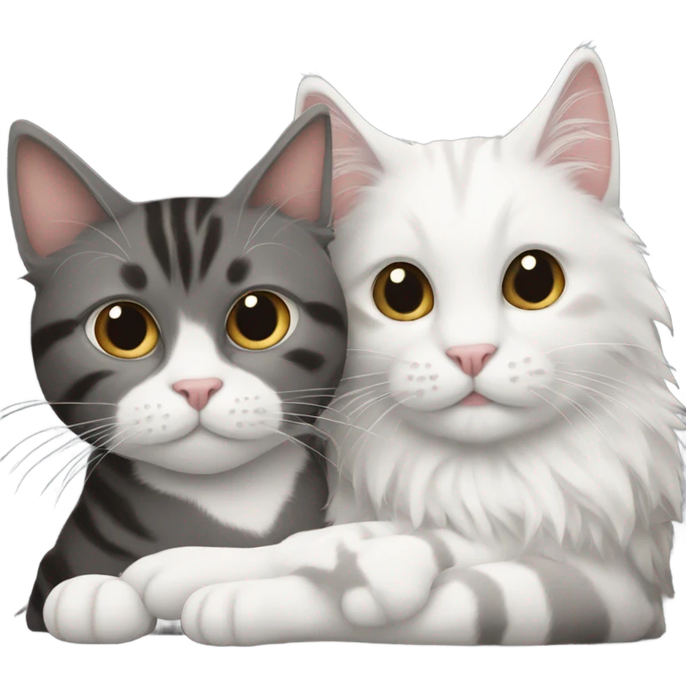 A grey & white cat and a black,brown, and white fluffy cat snuggling  emoji