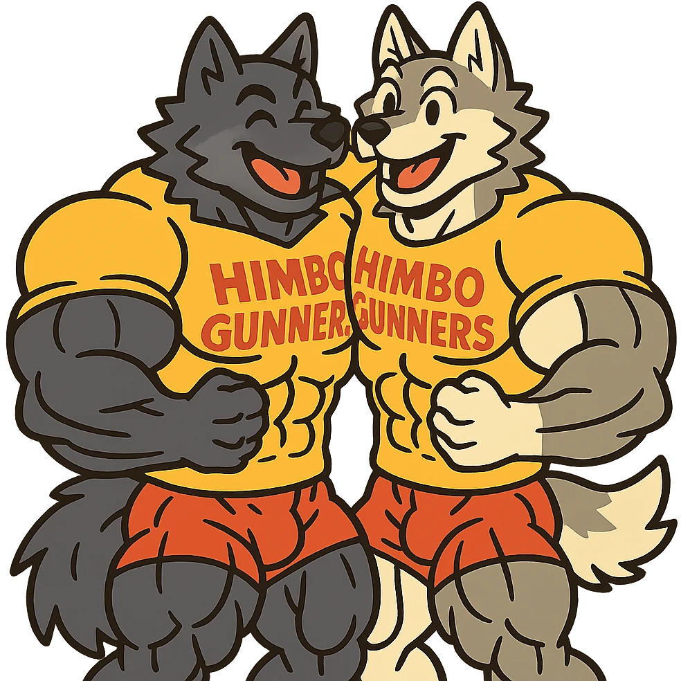 pair of ultra-muscular wolf furries wearing 'Himbo gunners' t-shirts, hugging, cheerful and energetic, very large, defined, and detailed muscles, ultra high quality emoji