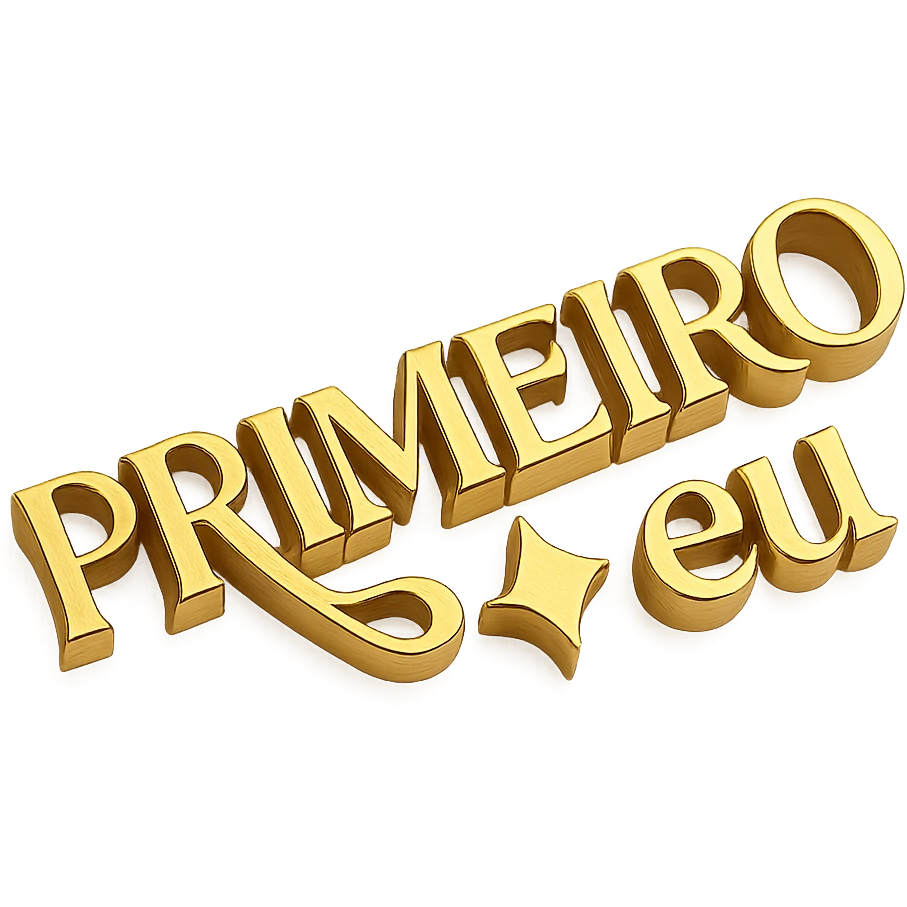 Golden metallic text that reads 'PRIMEIRO ✦ eu' in a serif font, with the words 'PRIMEIRO' and 'eu' separated by a diamond-shaped sparkle or glowing star symbol. The 'R' in 'PRIMEIRO' should have a long elegant tail that curves underneath the 'O'. d. Keep the font and layout exactly as shown in the original reference. emoji
