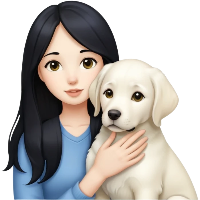 A beautiful girl with long black hair and fair skin is holding a white Labrador emoji