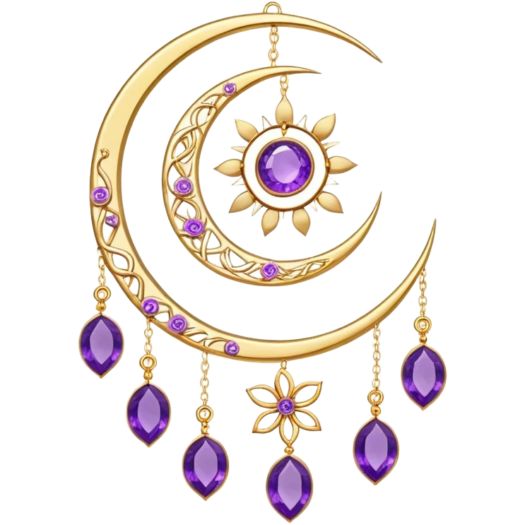 Epic beautiful gorgeous cute gold suncatcher, threads with shiny sparkly amethyst gemstones, flowers, crescents-moons emoji