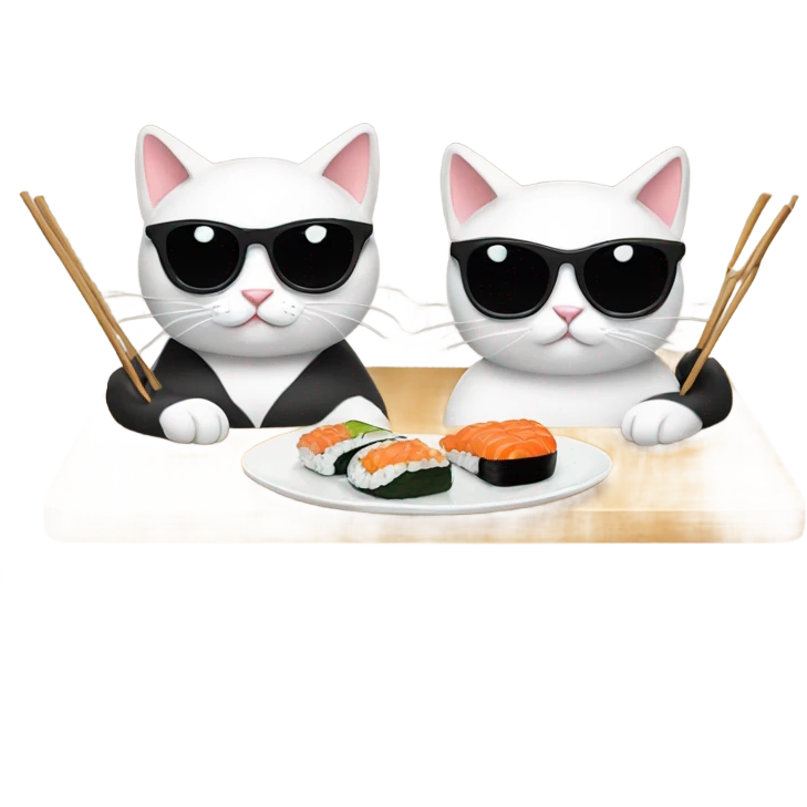 two cats wearing sunglasses and eating sushi emoji