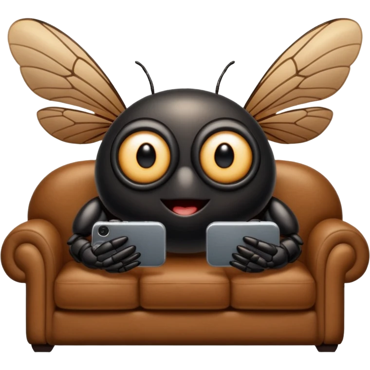 Black Cicada cartoon style with black shiny round eyes watching on a phone sit on a brown sofa  emoji