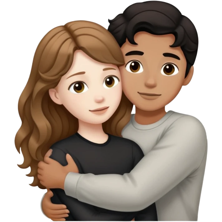 girl with long light brown hair and pale skin hugging a boy with short black wavy hair and tanned skin emoji