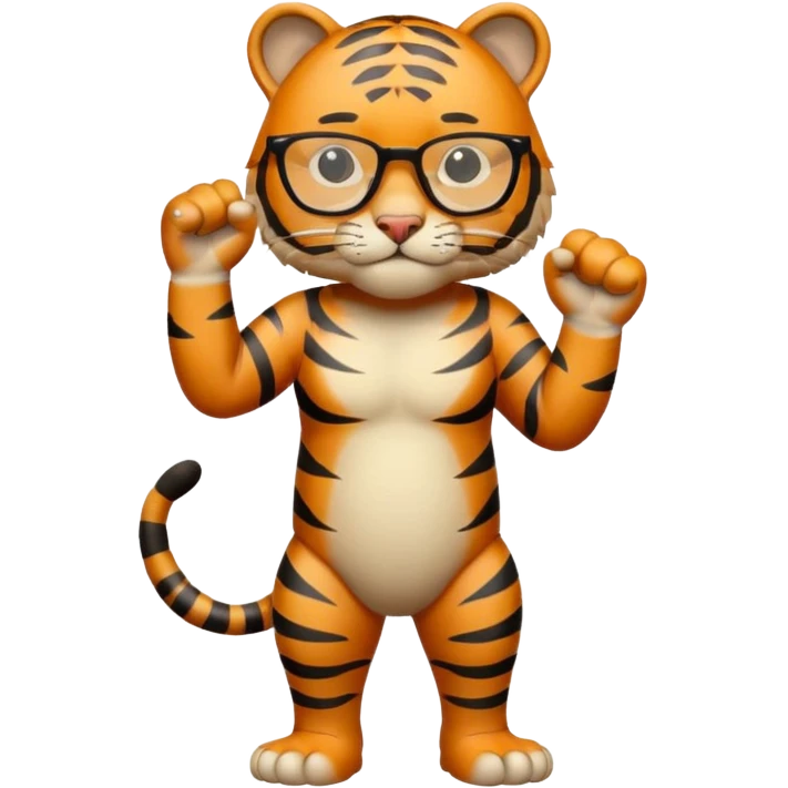 un tigre con gafas parado en dos patas con la mano en la derecha haciendo firme emoji