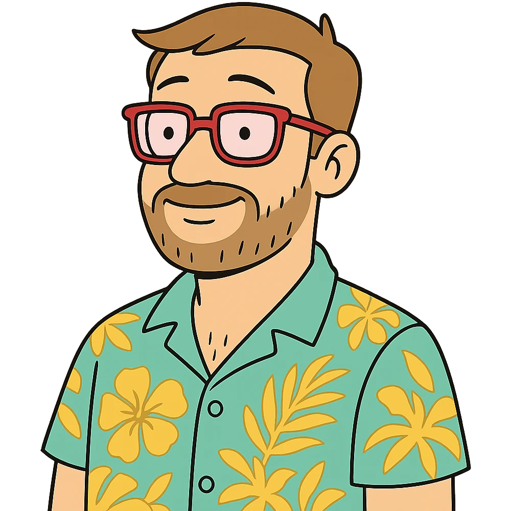 man with light skin tone, short light brown hair and beard, wearing a Hawaiian shirt and pink glasses emoji