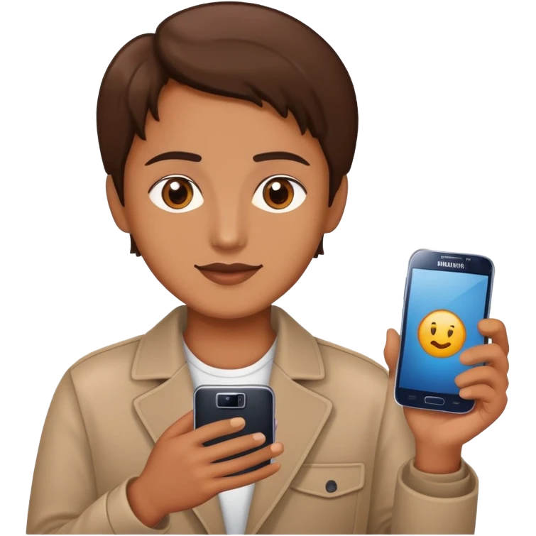 A brown cart with a brownie eyes Holding a samsung phone emoji