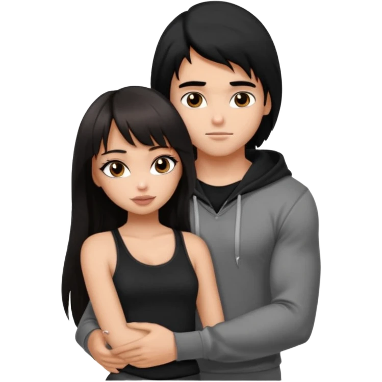 generate a pretty bratz girl in black cami top, dark brown straight long hair with bangs, eyeliner on, 

hugging a handsome muscular boy with black hair and a grey hoodie emoji