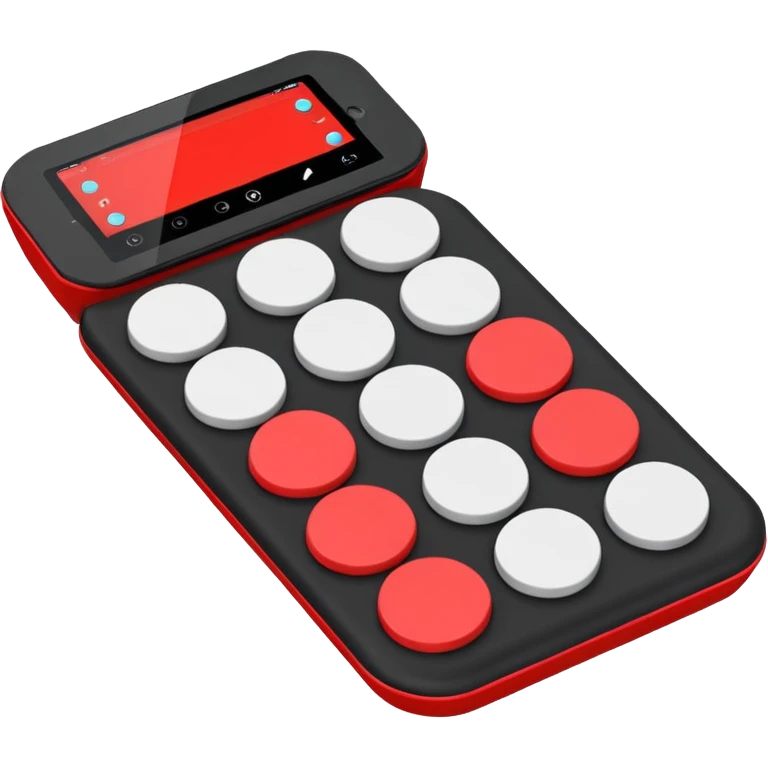 Create a clean, simple emoji of a digital percussion octapad with 6 pads. Flat design, rounded shapes, red and black colors, white background. With this kind of inclination emoji