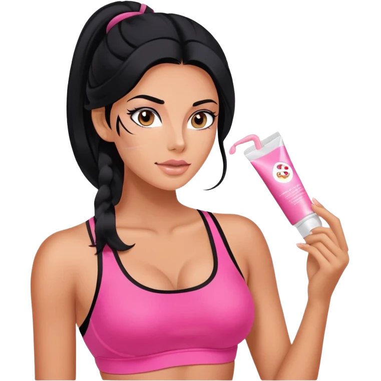 beauty routine, spa, pink face cream, long black hair tanned woman, black sports bra, sexy, hot  emoji