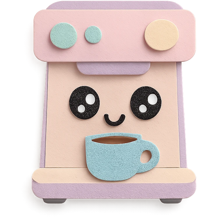 kawaii coffee machine, full body, big sparkling eyes, soft pastel colors emoji