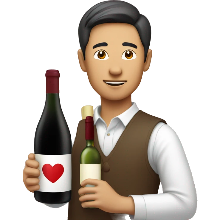 Asian Man with a bottle of wine come with heart shaped label  emoji