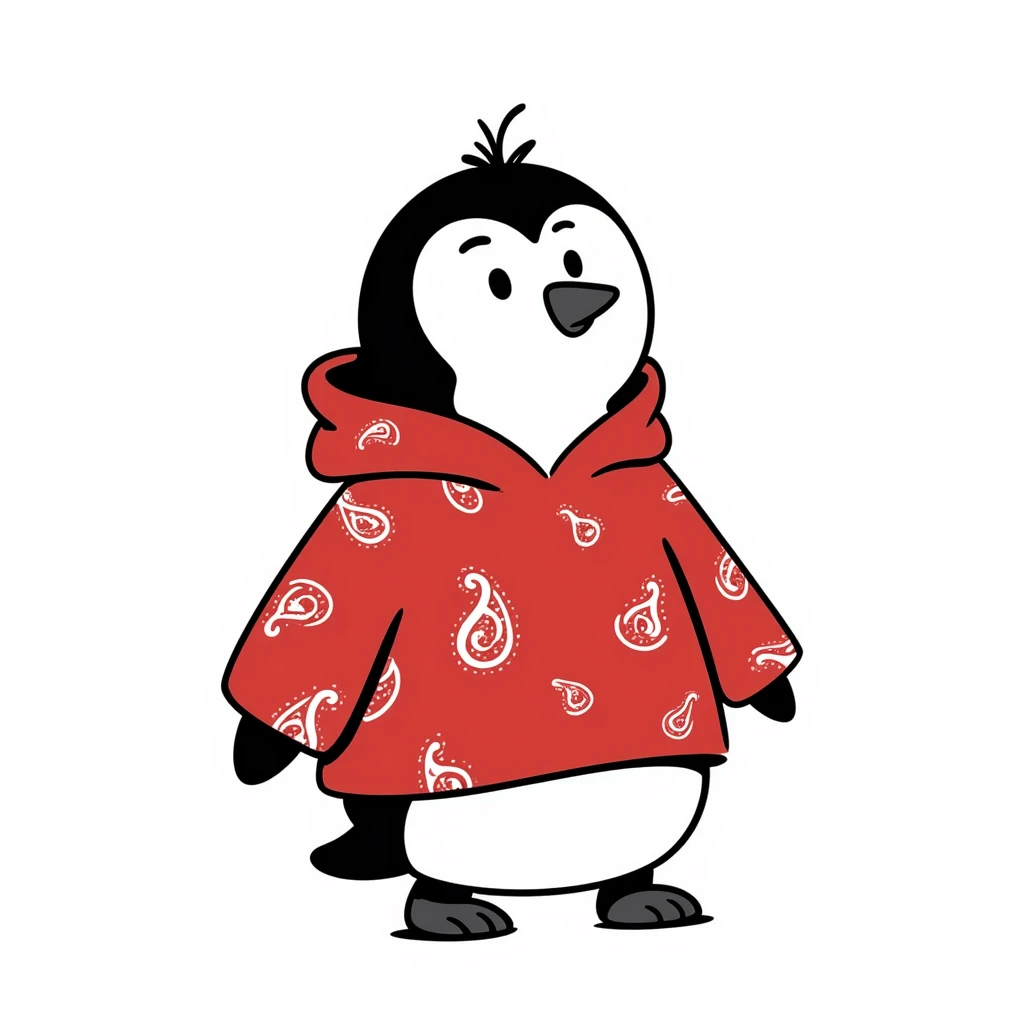 penguin wearing a red paisley pattern hoodie emoji