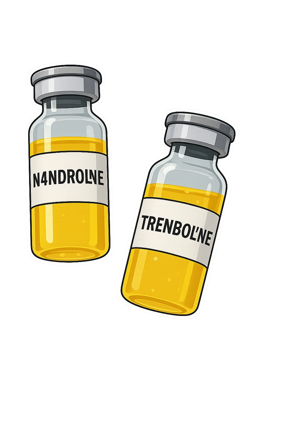 due fiale mediche, uno con la scritta "n4ndrol*ne e uno con la scritta "tr€nbol*ne" fluttuano in aria emoji