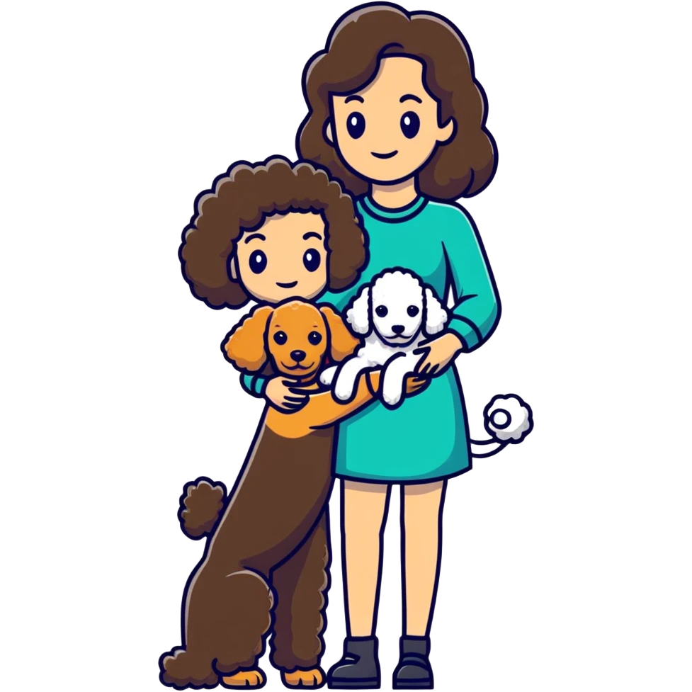 woman with long dark brown hair holding a poodle emoji
