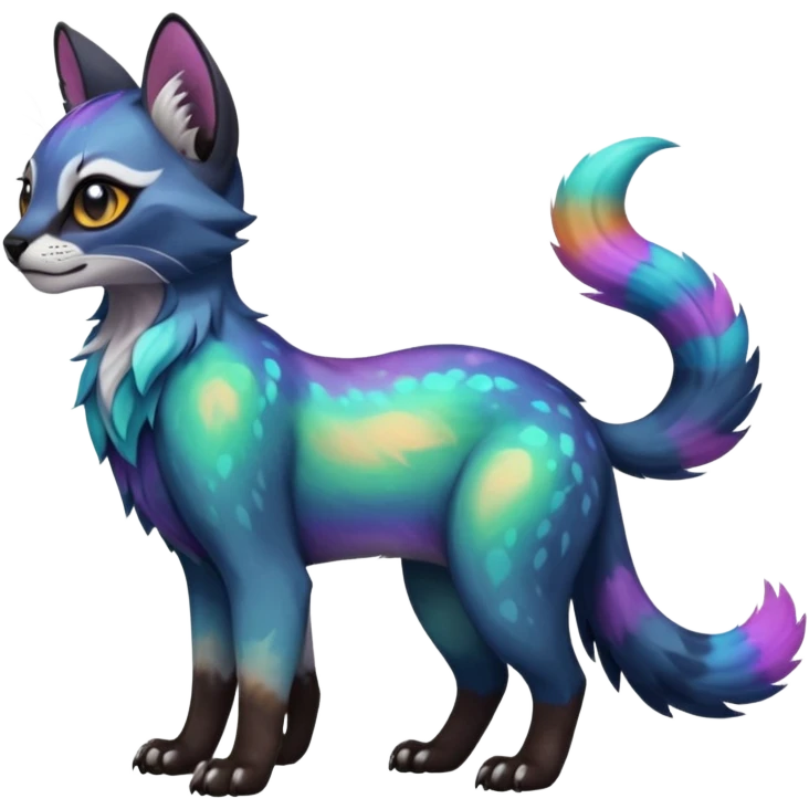 Colorful dark tropical iridescent nebulae exotic cute cool beautiful shiny beautiful fantasy-caracal-civet-genet-sergal-vernid-Gryphon-Cacomistle-Trico-oncilla-animal-Fakémon-hybrid-fursona (full body) emoji