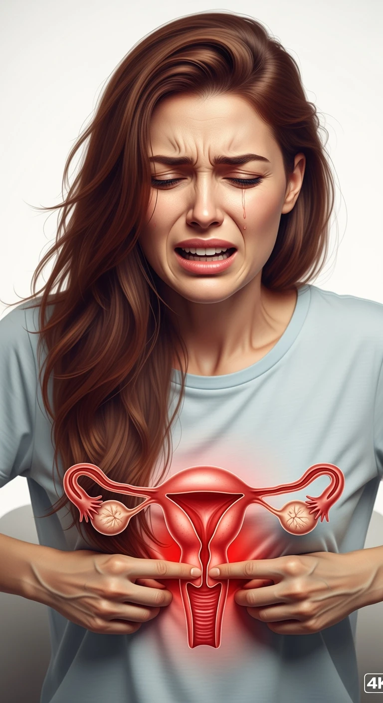donna con utero umano realistico in evidenza dolorante, espressione di dolore in volto, sfondo bianco, non farla computerizzata, ma iperrealistica 4k emoji