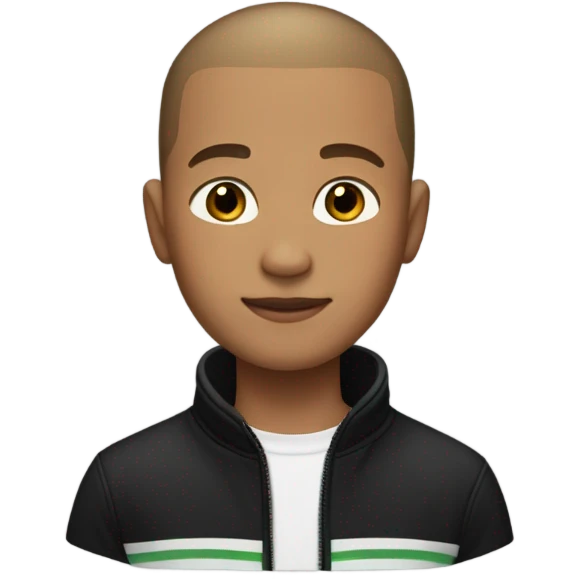 boy with very light brown skin, buzz cut, no facial hair, wearing a smart black quarter zip jumper with white t shirt underneath. emoji