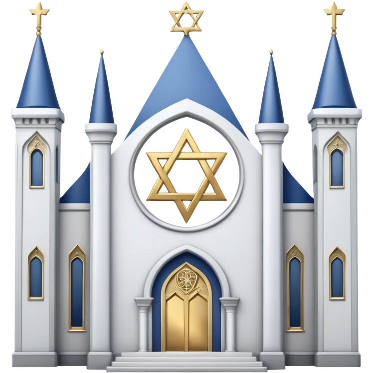 reform jewish synagogue similar in architecture to historical religious architecture in europe. the building should be white with silver/golden features, gothic architectural elements and star of david. no crosses. the emoji should be in ios emoji style. emoji