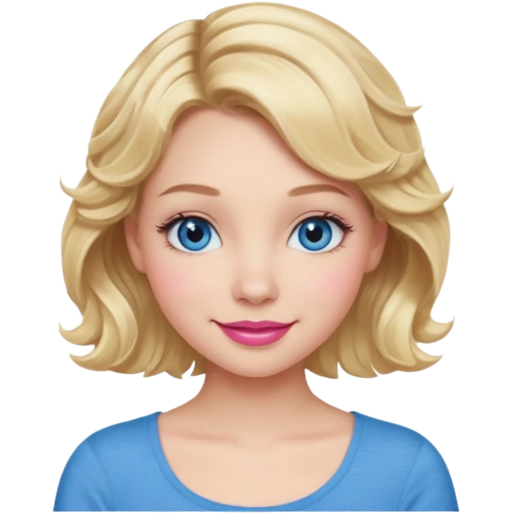 Girl Blonde short wavy hair,  blue eyes, cute blue top, long lashes, pink lips, smiling, 🙅🏻‍♀️ emoji