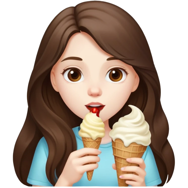 beautiful pale brunette girl with long hair eating ice cream emoji