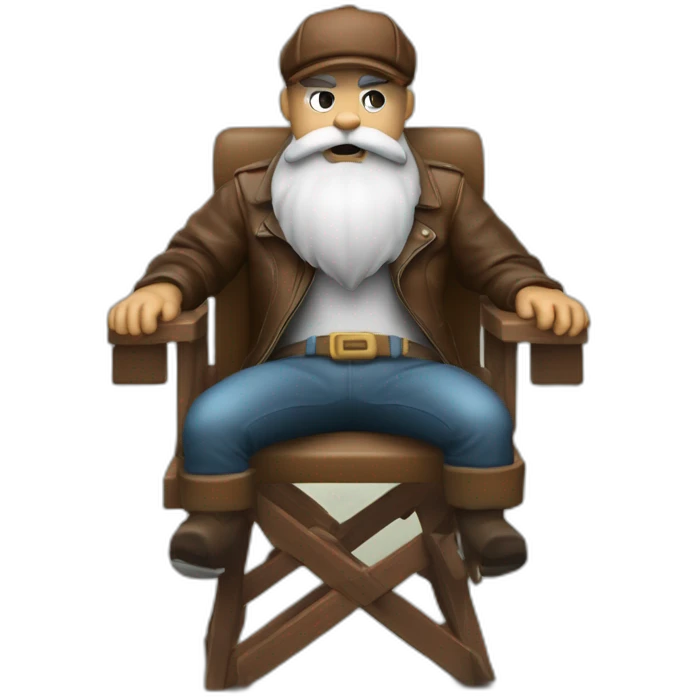 biff wiff santa beard wearing a brown leather jacket and a paddy cap sitting in a folding directors chair looking angry(full body, ios17) emoji