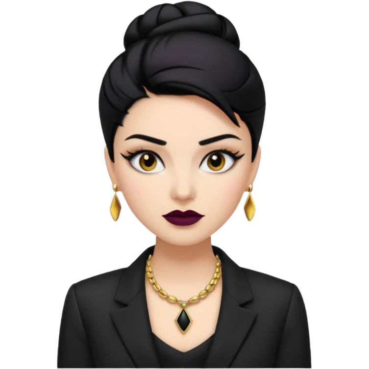 “Emoji girl, sculpted contour, bold dark lipstick, defined brows, sharp eyeliner, sleek black hair updo, statement necklace, black blazer.” emoji