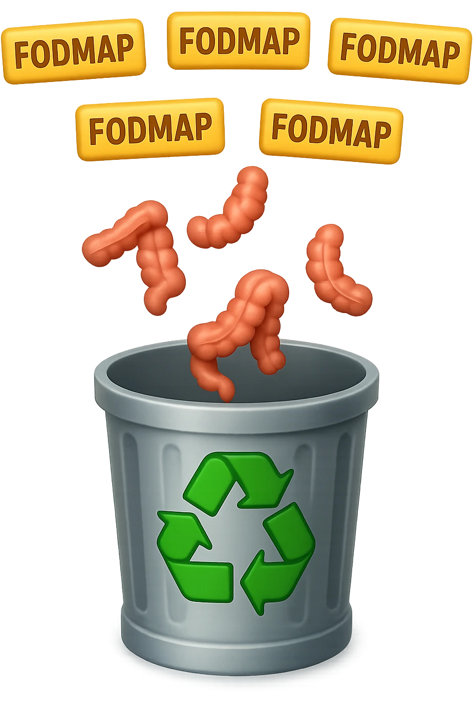 cinque scritte piccole "FODMAP" e piccoli pezzi di colon cadono in un secchio della spazzura con simbolo "recycle" sopra, stile emoji iphone, iperrealistico 4k emoji